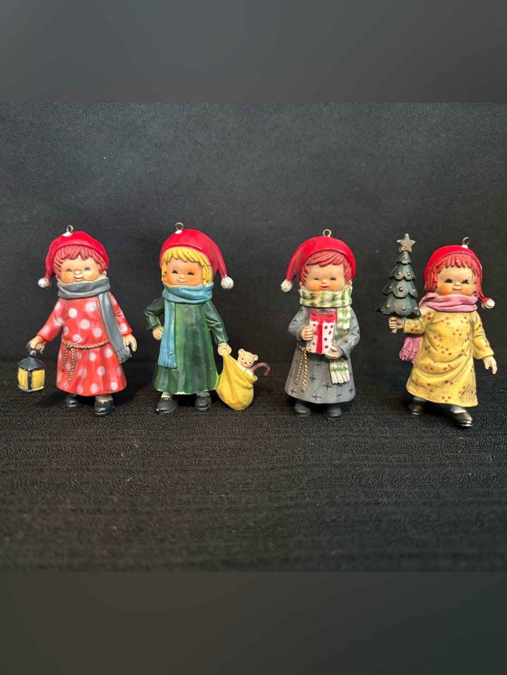 Vintage Christmas Ornaments Set of 4 Children with Lantern, Bag, Tree & Lantern